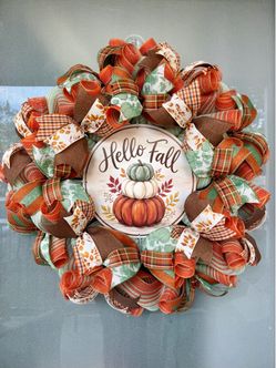 Hello Fall Deco Mesh Ribbon Wreath