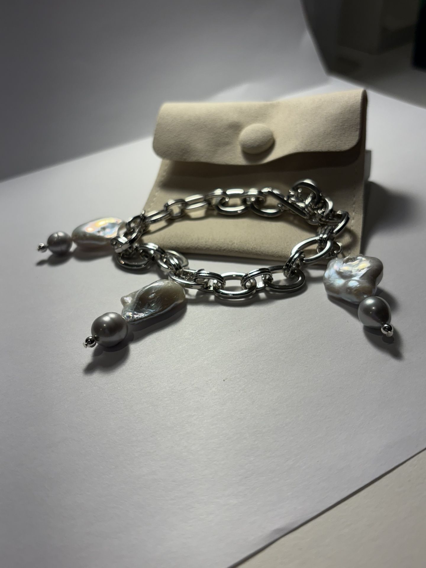 Stainless Steel Rhodium Plated, With Grade A Keshi Pearl And Grey Freshwater 