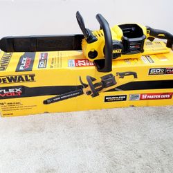 cordless chainsaw has 60V MAX FlexVolt battery system and 16-inch bar. Tool features brushless motor for high efficiency and includes protectiv