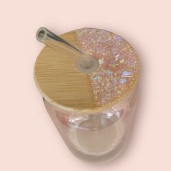 Iridescent Pink Glass With Bamboo Lid & Coaster