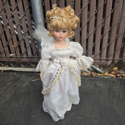 Porcelain Angel Figurine w/ Fabric Wings, White Dress, Blonde Curly Hair