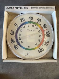 AcuRite 12-inch analog indoor or outdoor thermometer in a white finish with a multi-colored temperature scale