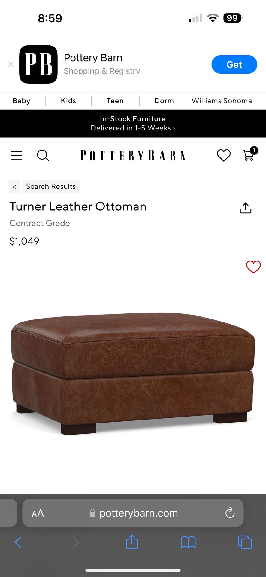 Pottery Barn Leather Ottoman from Turner Collection