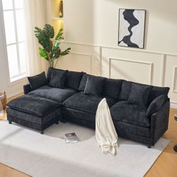 108 L Shaped Modern Sofa Modular Sectional Cloud Couch with Ottoman, 4-Seat Chenille Deep Seat Sofa with Pillow for Living Room, Bedroom and Apartment