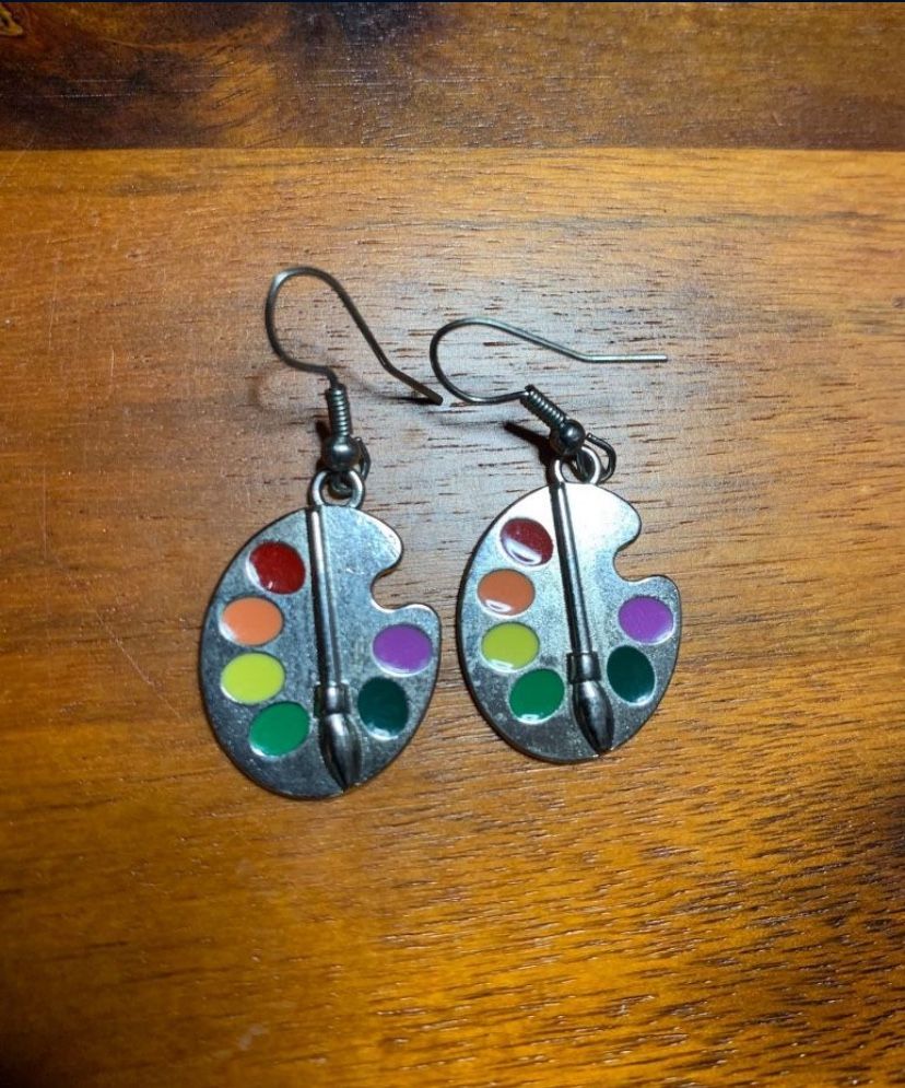 Paint Palette Brush Dangle Drop Artist Rainbow Hook Earrings Silver