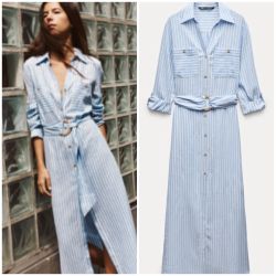 Zara NWT Linen Blend Striped Midi Shirt Dress size L