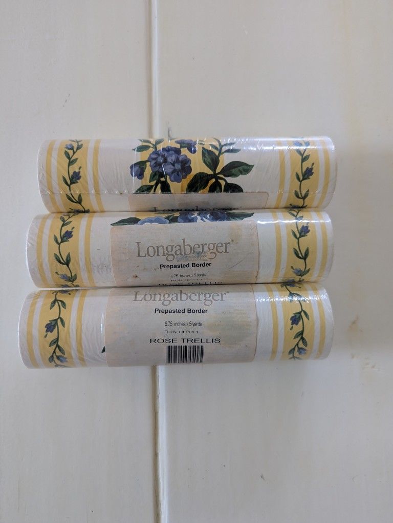 3 Longaberger Rose Trellis Wallpaper Border – 5 Yards – Yellow & Blue – NEW Sealed