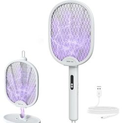 Electric Fly Swatter Racket, Foldable 2 in 1 Bug Zapper 3000V Powerful Mosquito Killer with Purple Attractant Trap Lamp, 1200mAh Type-C Rechargeable f