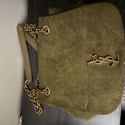 Saint Laurent YSL Envelope Chain Bag – Olive Green Suede with Gold Hardware