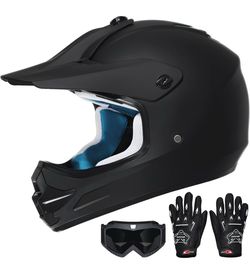 Matte Black Motocross Helmet with Goggles and Gloves