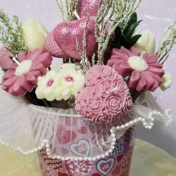 Pink and White handmade bouquet of 15 little candles 