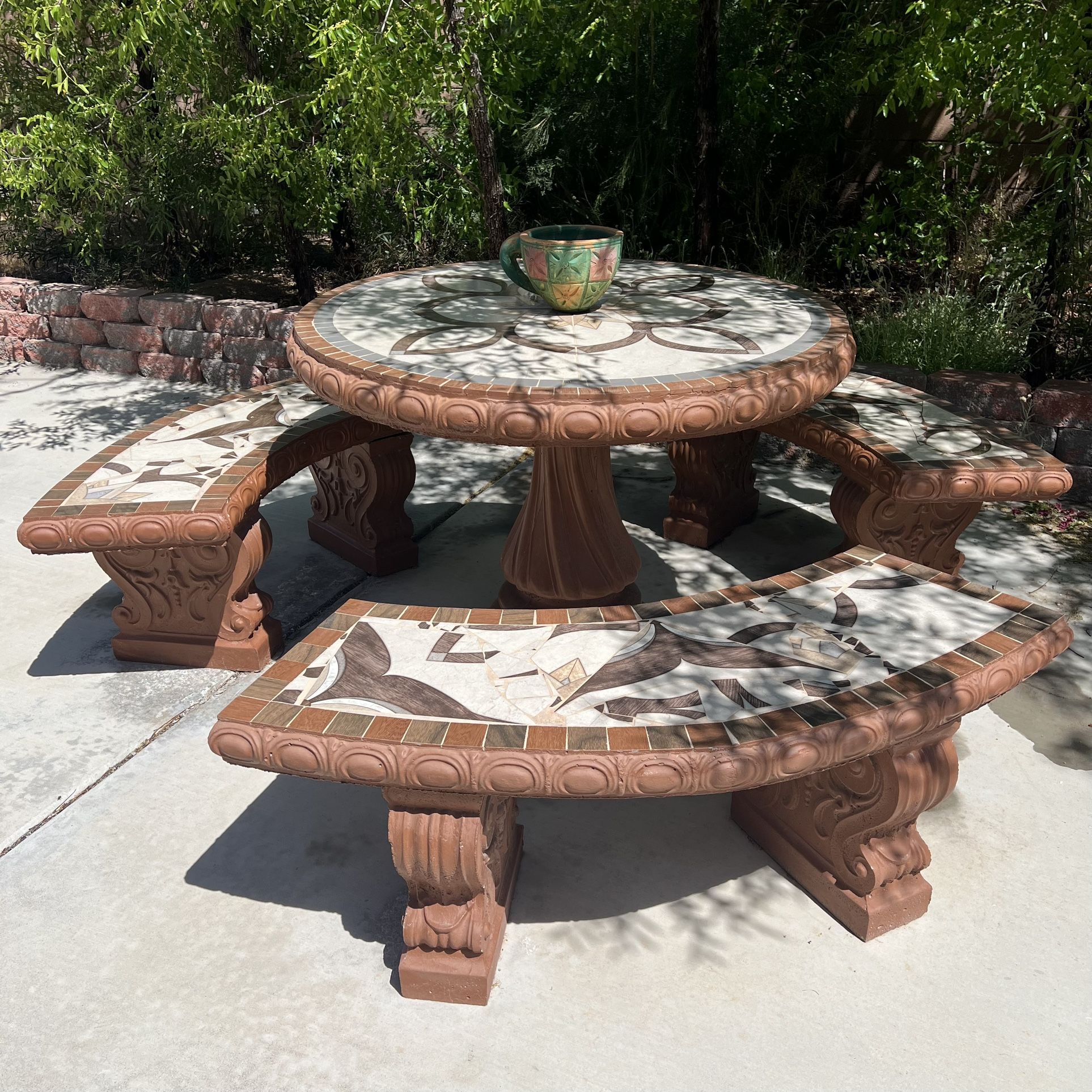 2 Cement Round Garden Tables 3 Benches Each