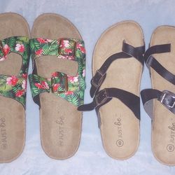 Just Be Sandals 2 Pairs Black Strappy Floral Leaves W 8-9 Brand New