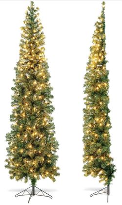 Brand 🆕 (Already assembled)7FT Pre-lit Half Christmas Tree with150Warm White LED Lights,Artificial Xmas Tree with450Branch Tips,Metal Stand,Easy Asse