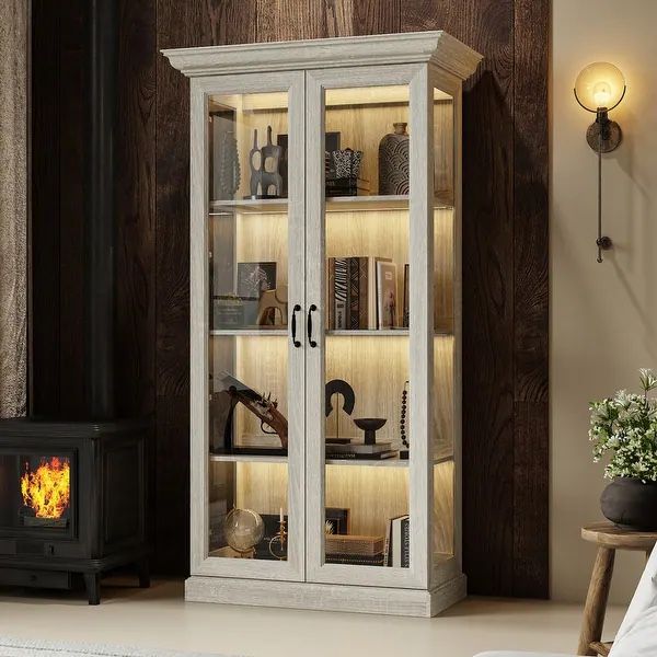 Tall Gray Wood Bookcase with Tempered Glass Doors USB LED Light Curio Storage Cabinet