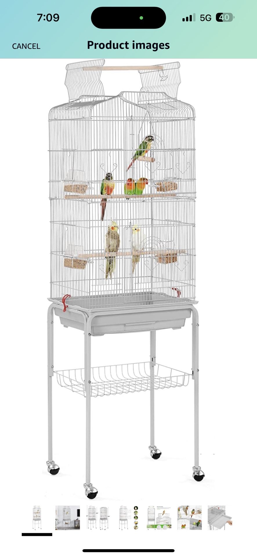 64-inch Open Play Top Bird Cages for Parakeets Cockatiels Finches Lovebirds Canaries Conures Budgies Parrot Birdcage w/Detachable Rolling Stand, Whit