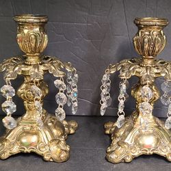Beautiful Vintage Pair Of Glass Prism Taper Candle Holders 