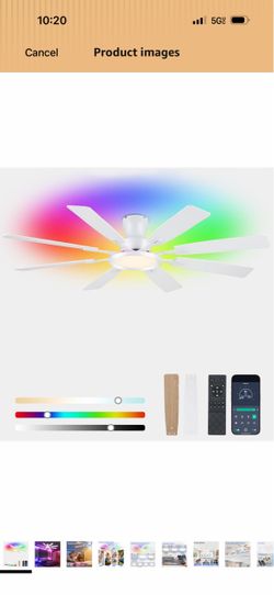 Ceiling Fans with Lights -60in White Flush Mount Ceiling Fan with RGB Dimmable 8 Blades and Reversible Quiet Motor,Low Profile Fan Light