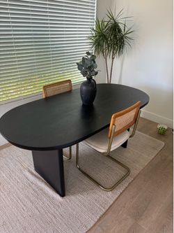 Black Oval Pedestal Dining Table + 2 Cane Back Chairs — Moving Sale