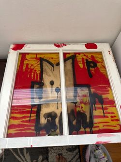 Panchetta in Swirls" by mr rogers (2010). Street art / graffiti style painted on a salvaged double-hung glass window pane. Signed and titled on the ba