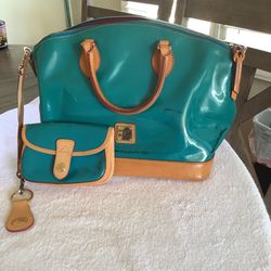 Dooney & Bourke Teal Patent Leather Handbag & Wristlet