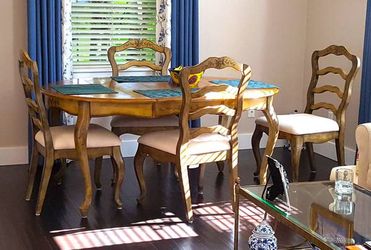 French Country Round Dining Table and Chair Set with Grape Leaf Design