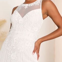 Modern Fairytale White Mesh Beaded Sequin Mermaid Maxi Dress