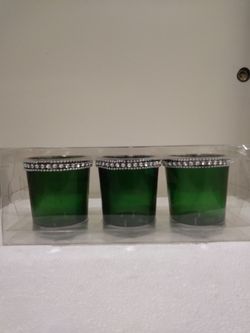 Set of 3 dark green with bling candle holders