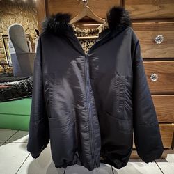 Vintage Black Hooded Coat with Faux Leopard Fur Inside and Faux Fur Trim on Hood