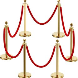 6pcs Sturdy Gold Stanchion Posts and 6pcs High Quality Red Carpet Velvet Ropes, Water/Sand/Concrete Fillable Leakproof Base, Crowd Control Barriers fo