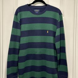 Polo Ralph Lauren Men Long Sleeve Sweater Thermal Green & Blue Stripes Shirts L