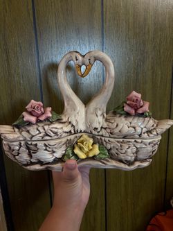 vintage 1950s Italian ceramic "Love Swans" cookie jar / centerpiece basket.