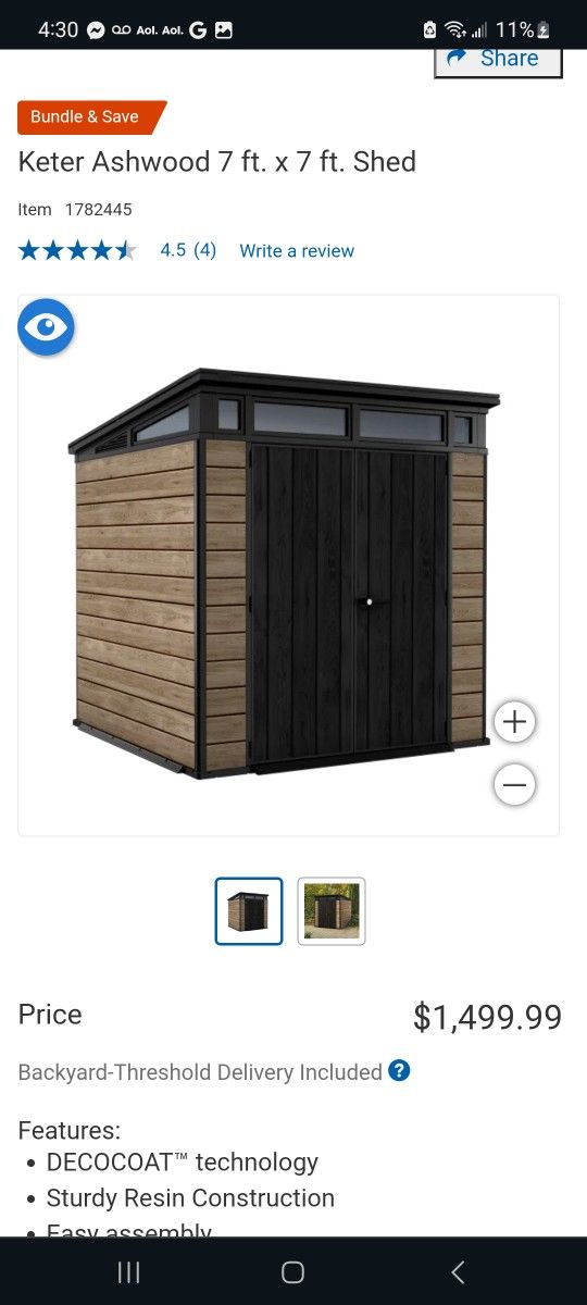 Keter Ashwood 7 ft. x 7 ft. Shed $1,100