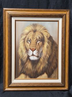 Framed Lion Portrait Oil Painting on Canvas