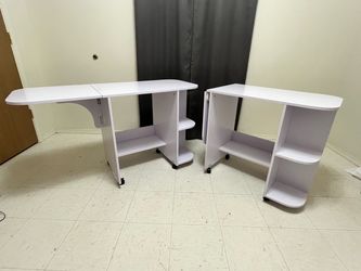 White Folding Sewing Table with Shelves on Wheels
