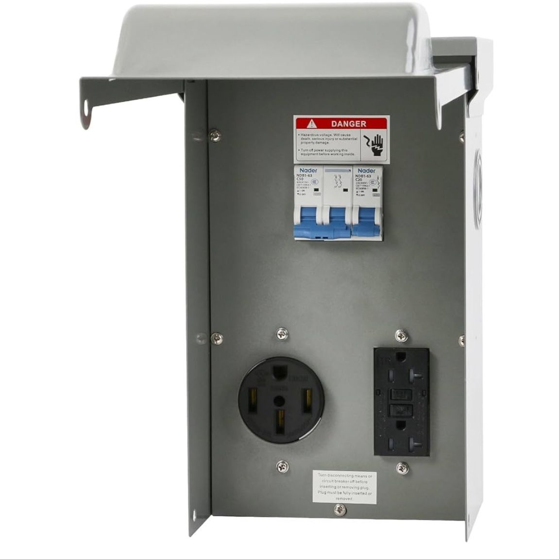 Temporary Power Outlet Panel, 50 amp RV Receptacle & 20 amp GFCI Outlet, Weatherproof Pre-Wired RV Outlet Receptacle with Breaker, for RV Camper Trave