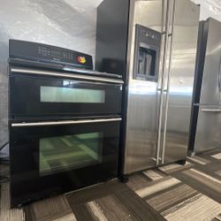 Stainless SteelJen Air , Side-By-Side Refrigerator And Double Oven And Black