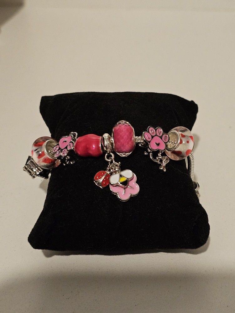 New Beautiful Pink, Flower, Butterfly, Ladybug And More Charm Bracelet 8.26 Inches