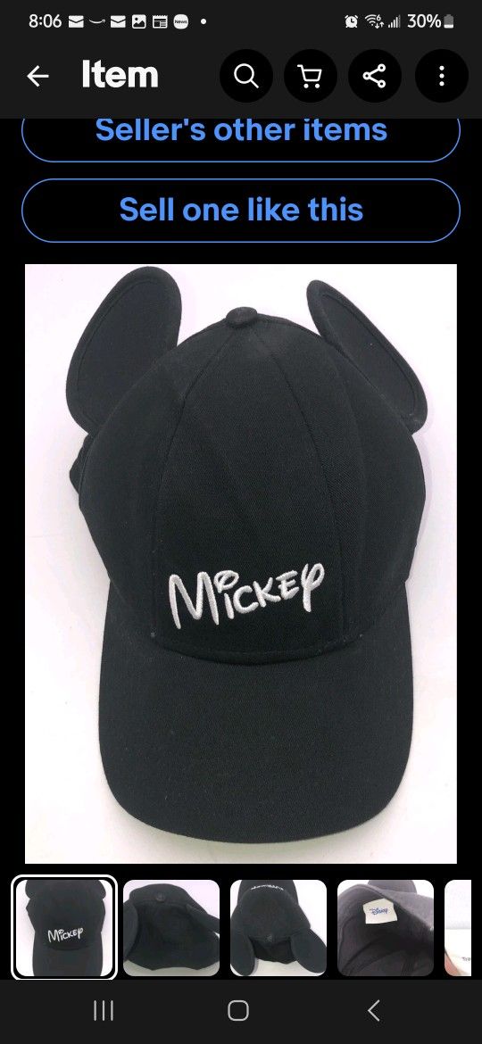 Disney Mickey Mouse Hat Adult Baseball Cap w/ Ears Black Snap Back Embroidered