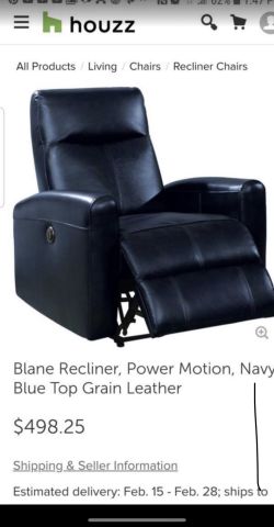 Recliner power motion navy blue top green leather chair