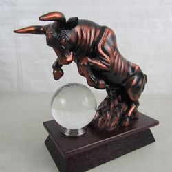 Wall Street Copper Tone Bull Rearing Over Crystal Globe Sculpture 11" Length 
