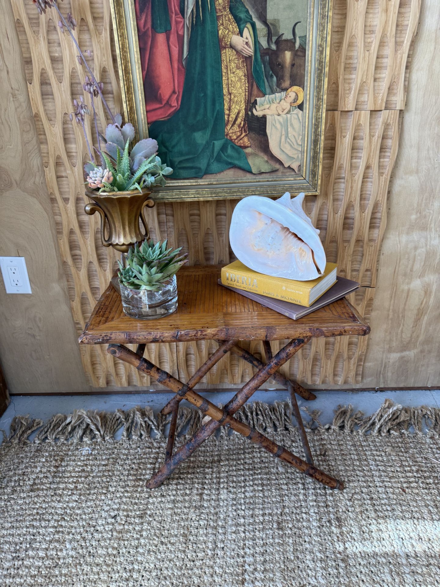 Vintage Bamboo Fold Up Low Side Hall Table Tiger Tortoiseshell Display Decor Occasional Traditional