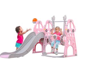Ealing 4 in 1 Slide and Swing for Toddlers Age 1-2 ,Baby Swing Playset Indoor with Safety Belt and Basketball Hoop,Pink(Firm price )