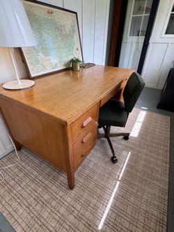 Vintage Solid Oak Desk with Drawers & Pull-Out Writing Surfaces