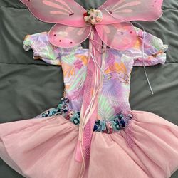 Puffed Sleeves One Piece Leotard With Tutu Tull Skirt And Wings. Fairy 🧚‍♀️ Costume For Girls Age 5-6 Years Old 