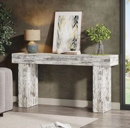 63-Inch Long Console Table, Farmhouse Wooden Sofa Table Behind The Couch, Narrow Entryway Table(Distressed White)