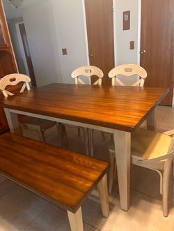 solid wood farmhouse dining table set- 4 chairs 1 bench