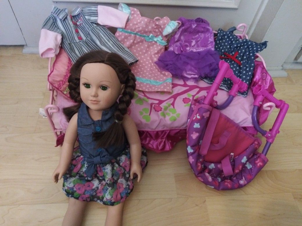 My life doll, 4 extra outfits, bed, chair