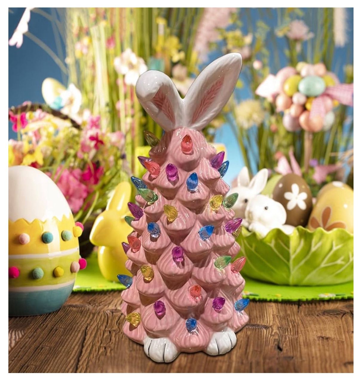 Lighted Easter Bunny Ceramic Tabletop Tree, Pink Bunny Tree with Multicolored Lights