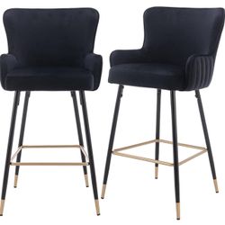 30Inch Black Velvet Bar Stools Set of 2, Upholstered Gold Bar Stools with Wing Back, Modern Kitchen Island Bar stools with Footrest High Dining Chairs